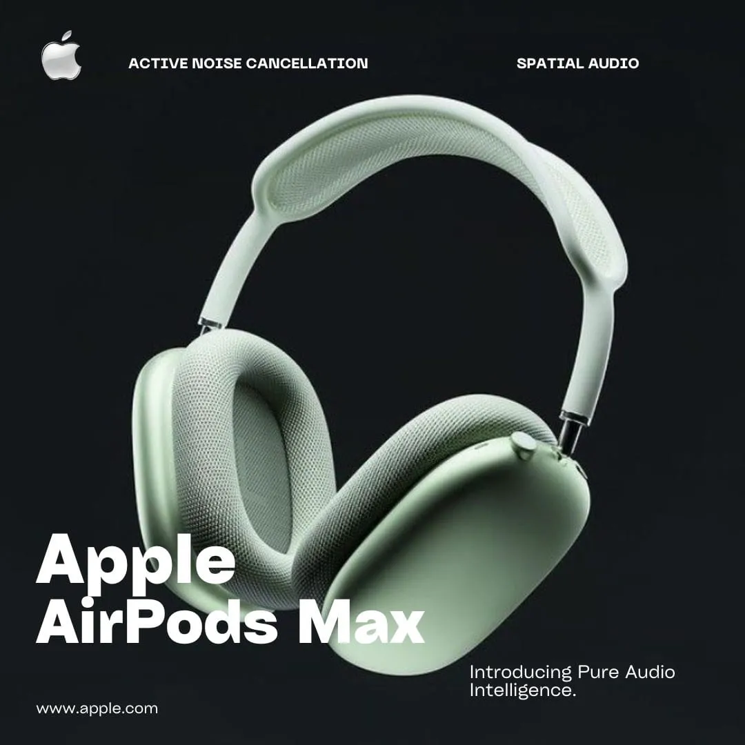 Concept social post: sage green AirPods Max on black with the line “Introducing Pure Audio Intelligence”